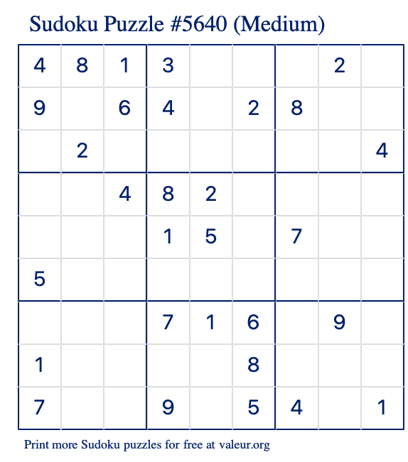 Free Printable Medium Sudoku Puzzle number 5640