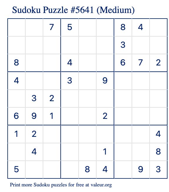 Free Printable Medium Sudoku Puzzle number 5641