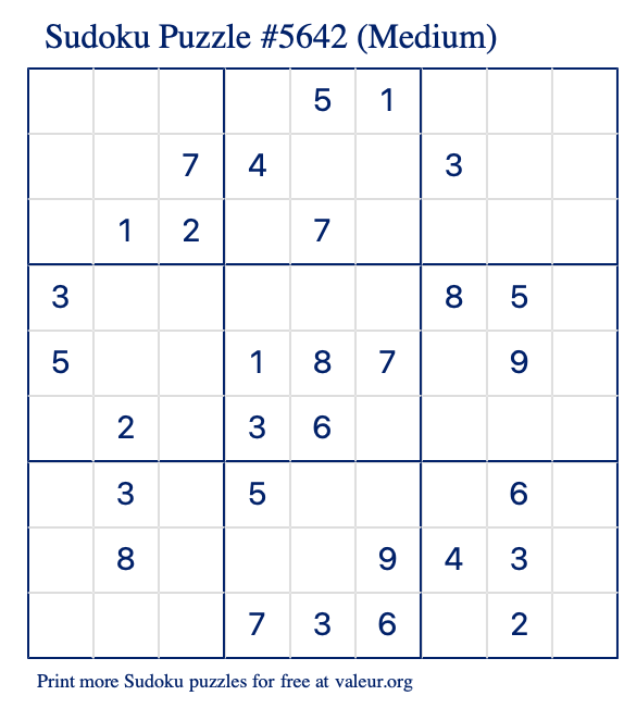 Free Printable Medium Sudoku Puzzle number 5642