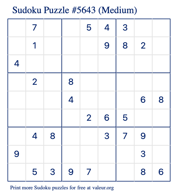 Free Printable Medium Sudoku Puzzle number 5643