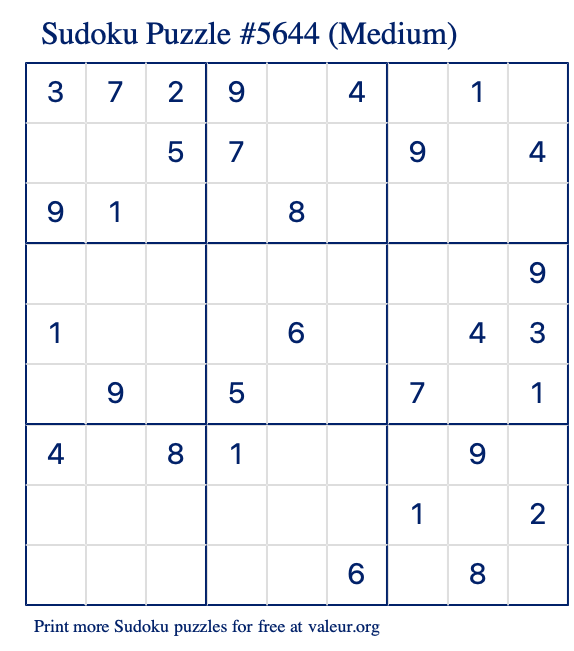 Free Printable Medium Sudoku Puzzle number 5644