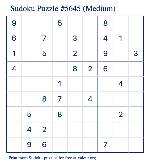 Free Printable Medium Sudoku Puzzle number 5645