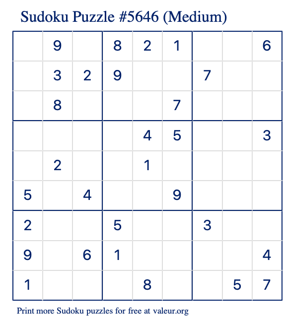 Free Printable Medium Sudoku Puzzle number 5646