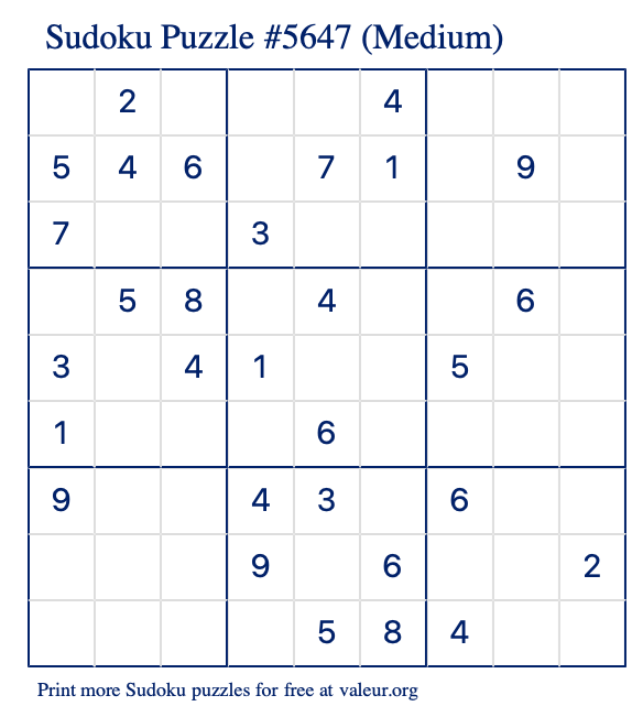 Free Printable Medium Sudoku Puzzle number 5647