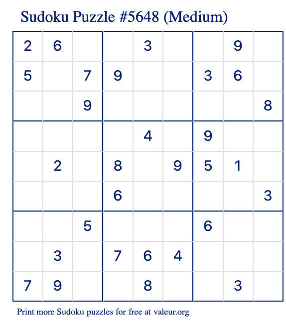 Free Printable Medium Sudoku Puzzle number 5648