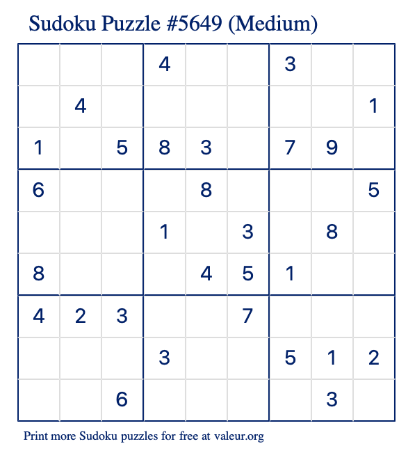 Free Printable Medium Sudoku Puzzle number 5649