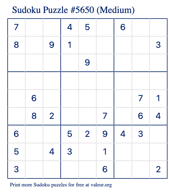 Free Printable Medium Sudoku Puzzle number 5650