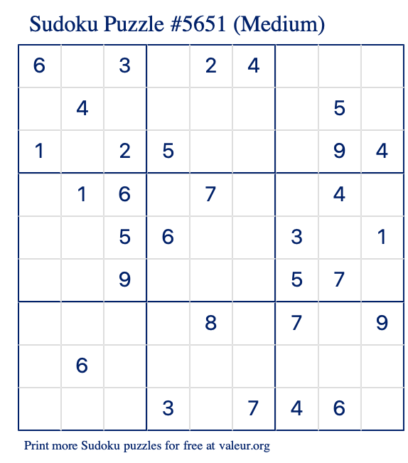 Free Printable Medium Sudoku Puzzle number 5651