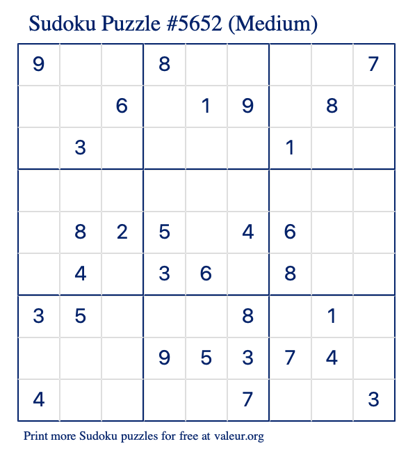 Free Printable Medium Sudoku Puzzle number 5652