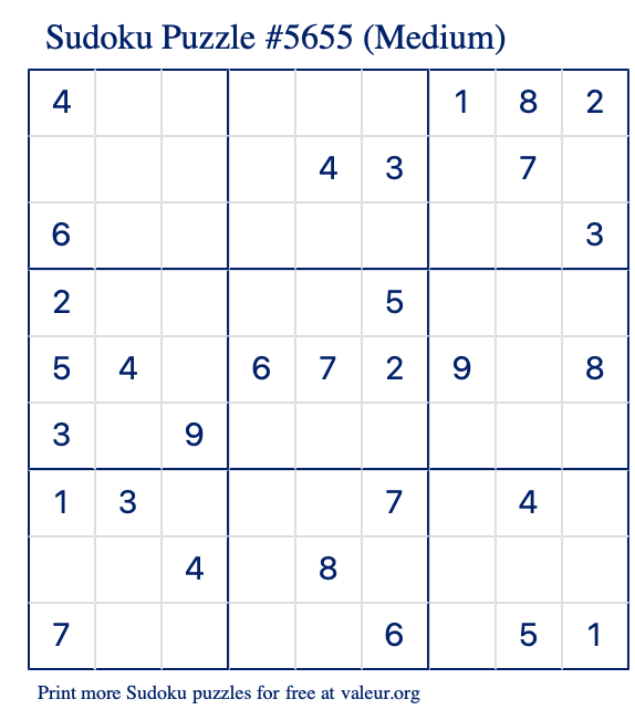 Free Printable Medium Sudoku Puzzle number 5655