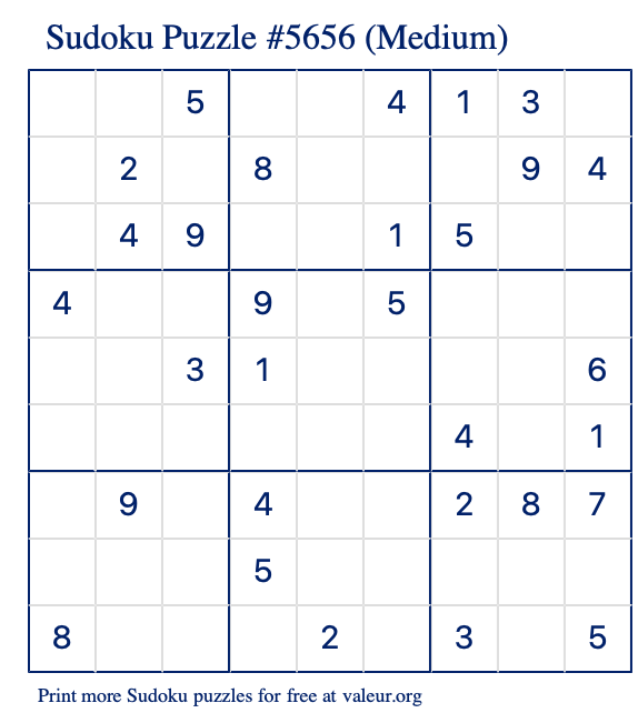 Free Printable Medium Sudoku Puzzle number 5656