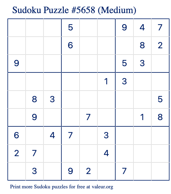 Free Printable Medium Sudoku Puzzle number 5658