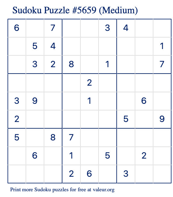 Free Printable Medium Sudoku Puzzle number 5659