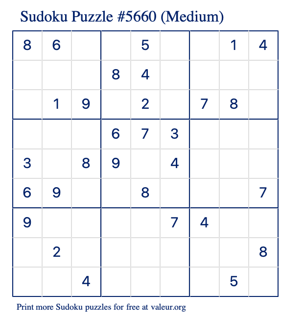 Free Printable Medium Sudoku Puzzle number 5660