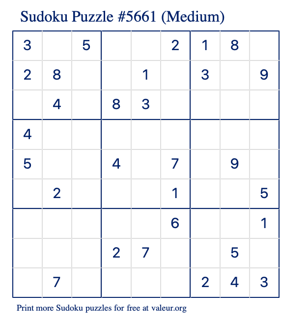 Free Printable Medium Sudoku Puzzle number 5661