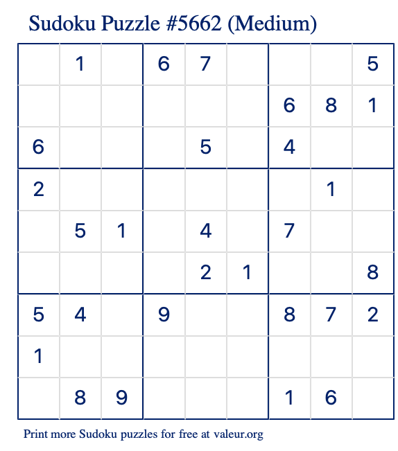 Free Printable Medium Sudoku Puzzle number 5662