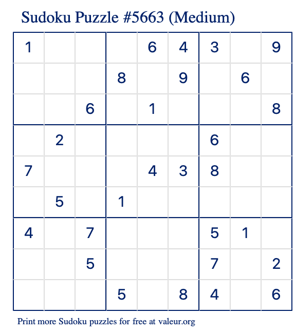 Free Printable Medium Sudoku Puzzle number 5663