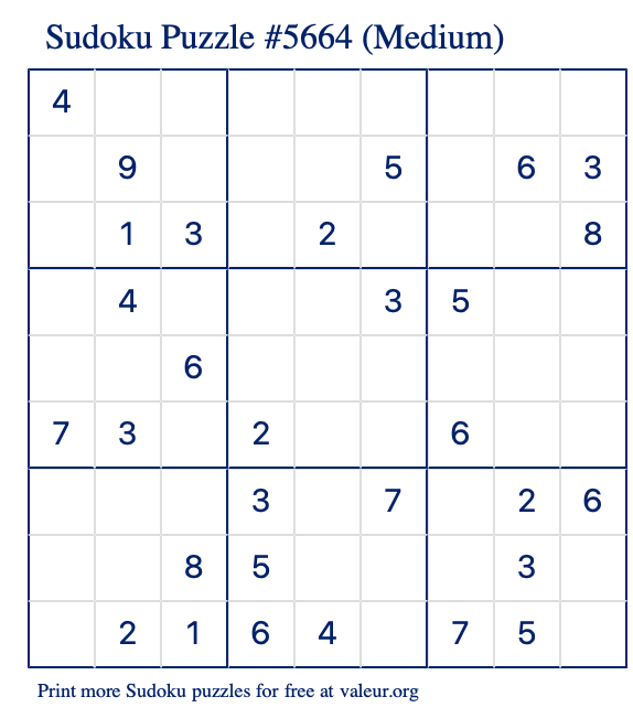 Free Printable Medium Sudoku Puzzle number 5664
