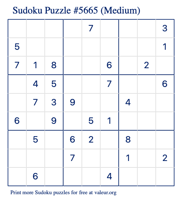 Free Printable Medium Sudoku Puzzle number 5665