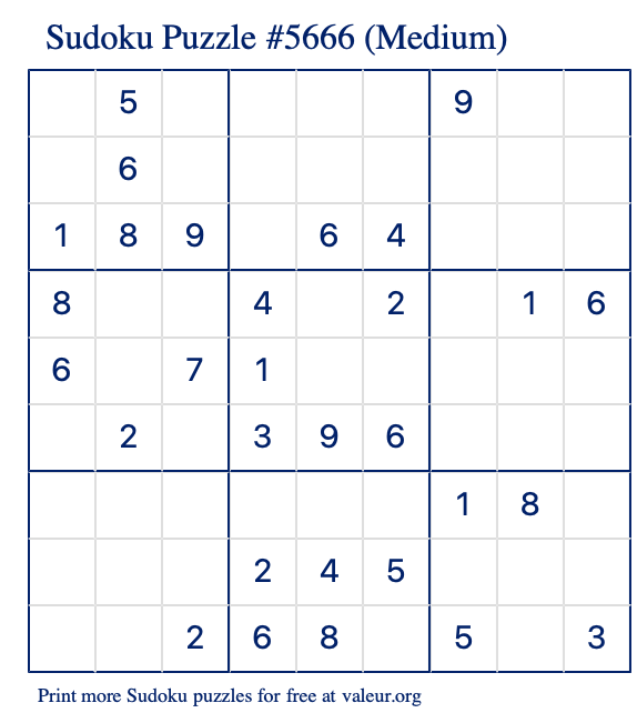 Free Printable Medium Sudoku Puzzle number 5666