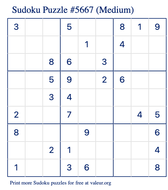 Free Printable Medium Sudoku Puzzle number 5667