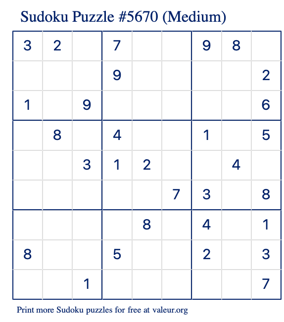Free Printable Medium Sudoku Puzzle number 5670