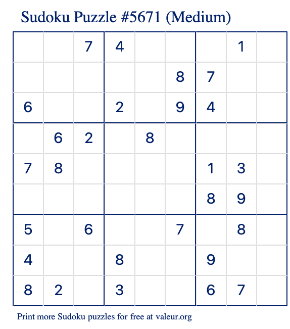 Free Printable Medium Sudoku Puzzle number 5671