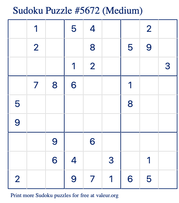 Free Printable Medium Sudoku Puzzle number 5672