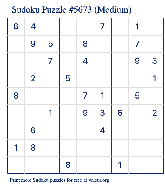 Free Printable Medium Sudoku Puzzle number 5673