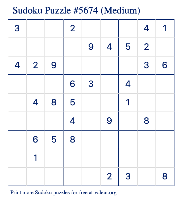 Free Printable Medium Sudoku Puzzle number 5674