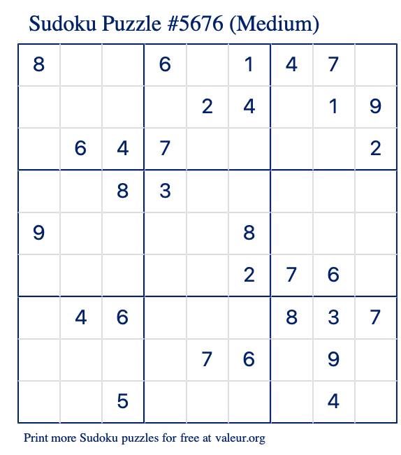 Free Printable Medium Sudoku Puzzle number 5676