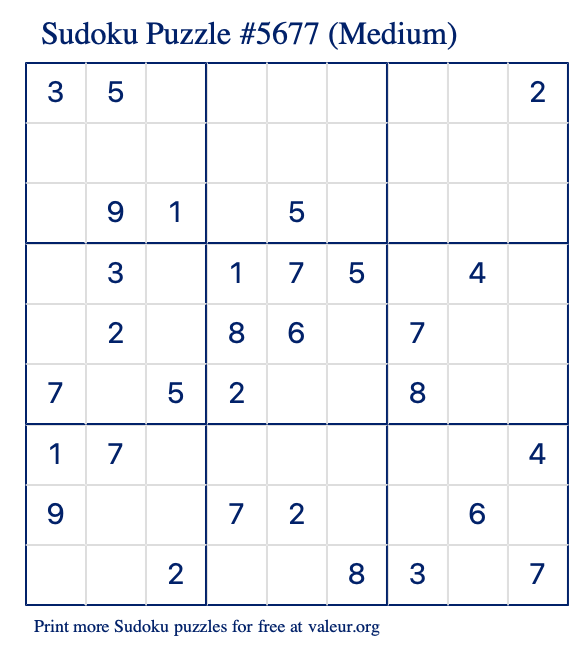 Free Printable Medium Sudoku Puzzle number 5677