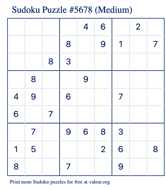 Free Printable Medium Sudoku Puzzle number 5678