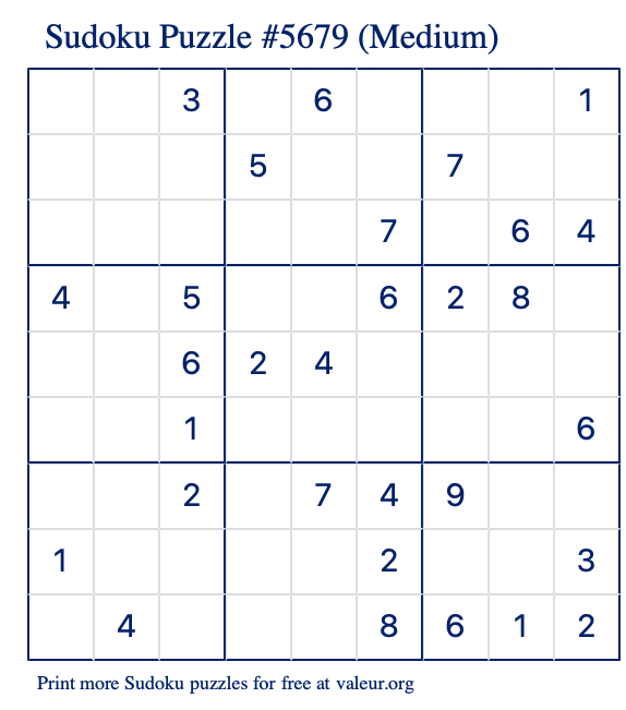 Free Printable Medium Sudoku Puzzle number 5679