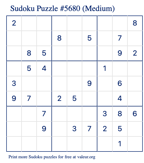 Free Printable Medium Sudoku Puzzle number 5680