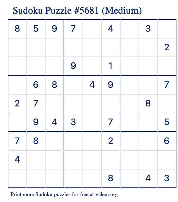 Free Printable Medium Sudoku Puzzle number 5681