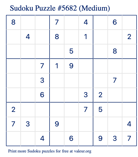 Free Printable Medium Sudoku Puzzle number 5682
