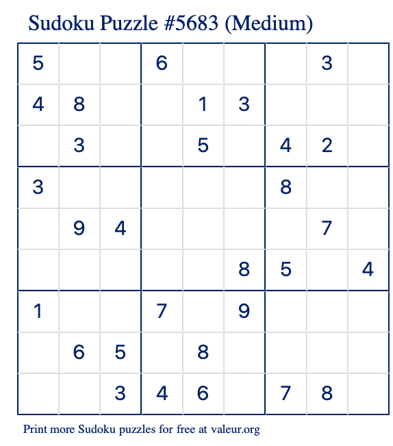 Free Printable Medium Sudoku Puzzle number 5683