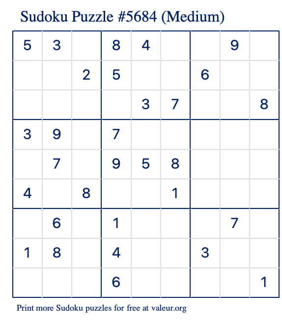Free Printable Medium Sudoku Puzzle number 5684
