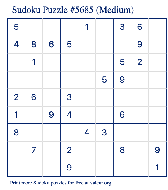 Free Printable Medium Sudoku Puzzle number 5685