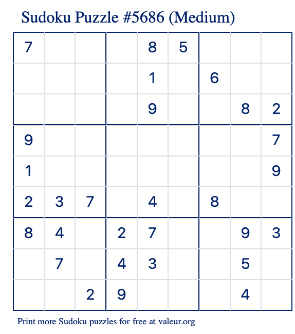 Free Printable Medium Sudoku Puzzle number 5686