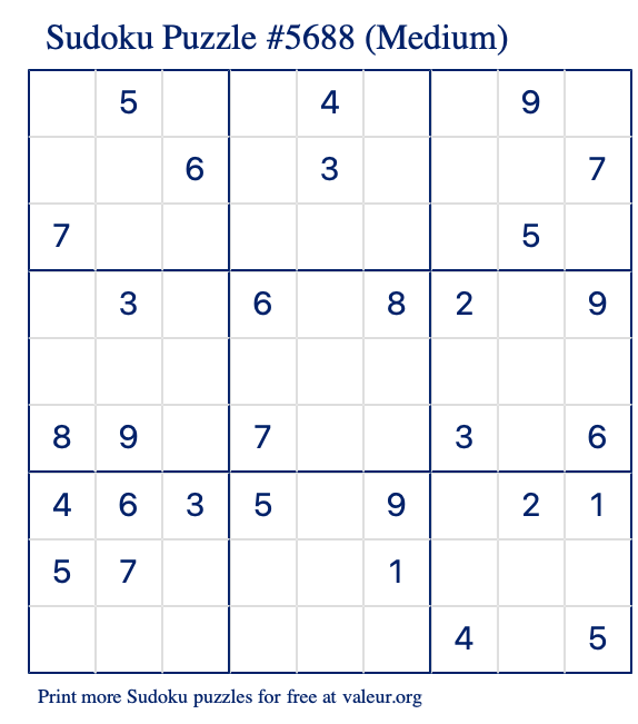Free Printable Medium Sudoku Puzzle number 5688