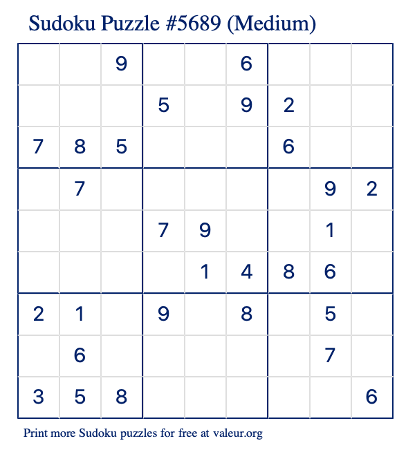 Free Printable Medium Sudoku Puzzle number 5689