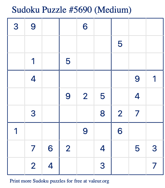 Free Printable Medium Sudoku Puzzle number 5690