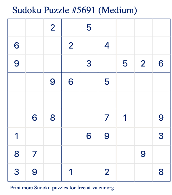 Free Printable Medium Sudoku Puzzle number 5691