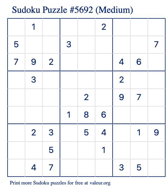Free Printable Medium Sudoku Puzzle number 5692