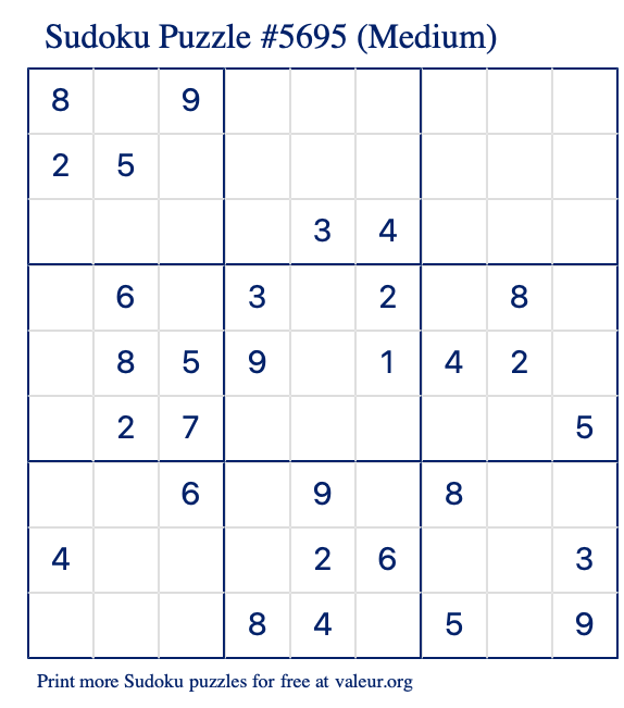 Free Printable Medium Sudoku Puzzle number 5695