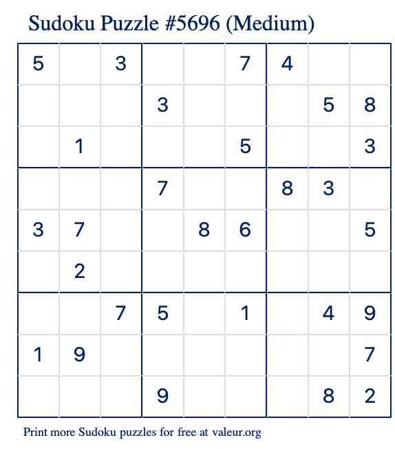 Free Printable Medium Sudoku Puzzle number 5696