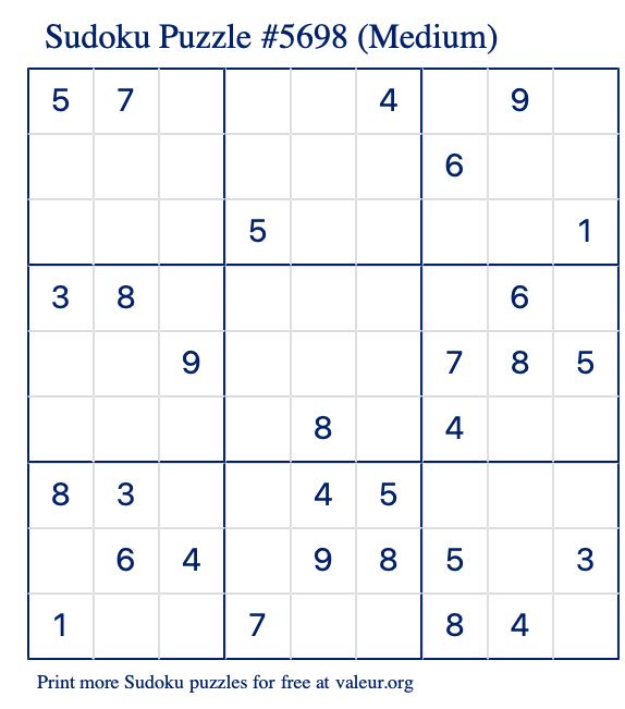 Free Printable Medium Sudoku Puzzle number 5698