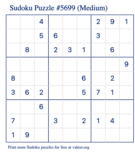 free printable medium sudoku with the answer 5699